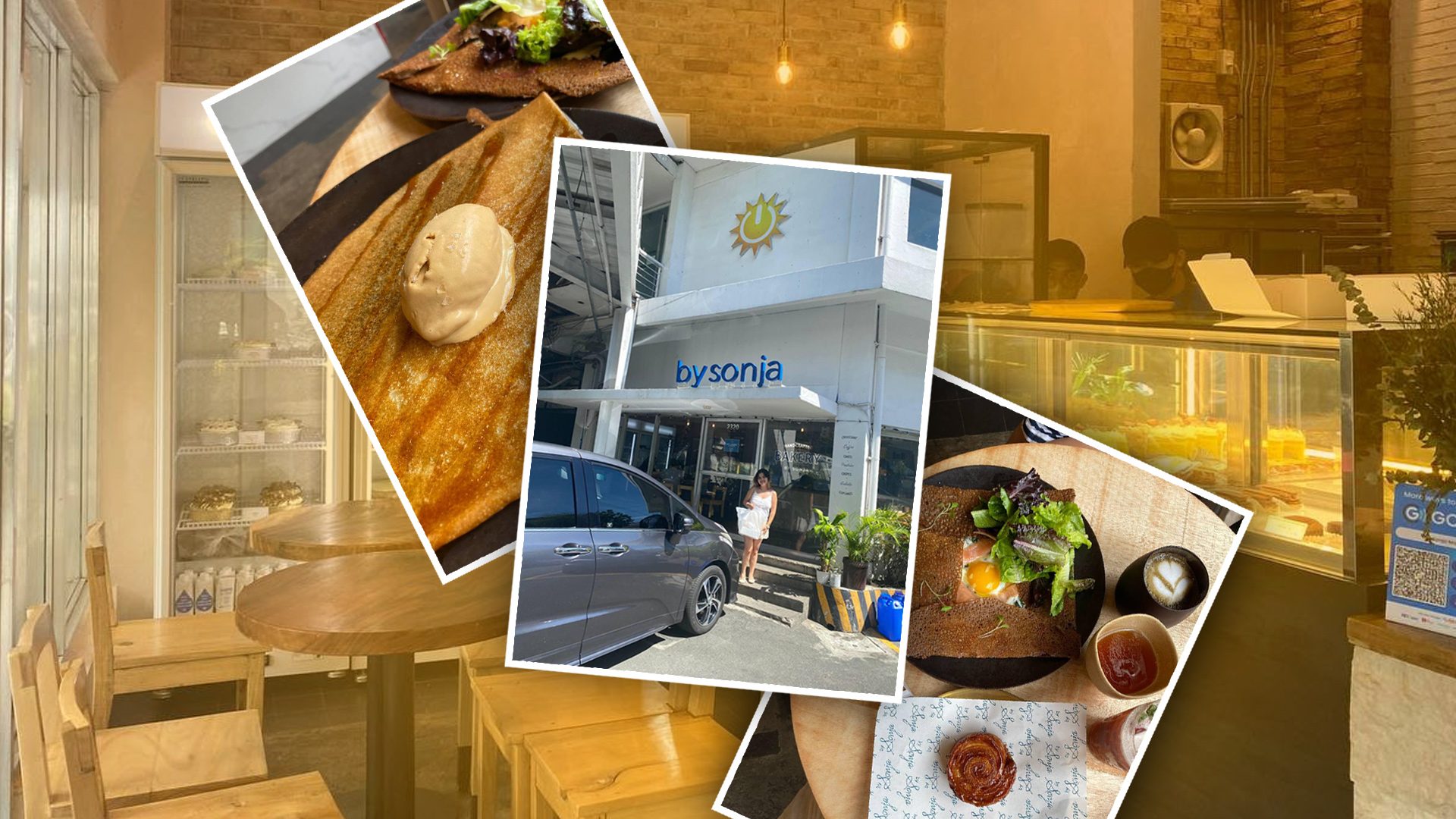 By Sonja bakery collage - interior, crepes, storefront, and food
